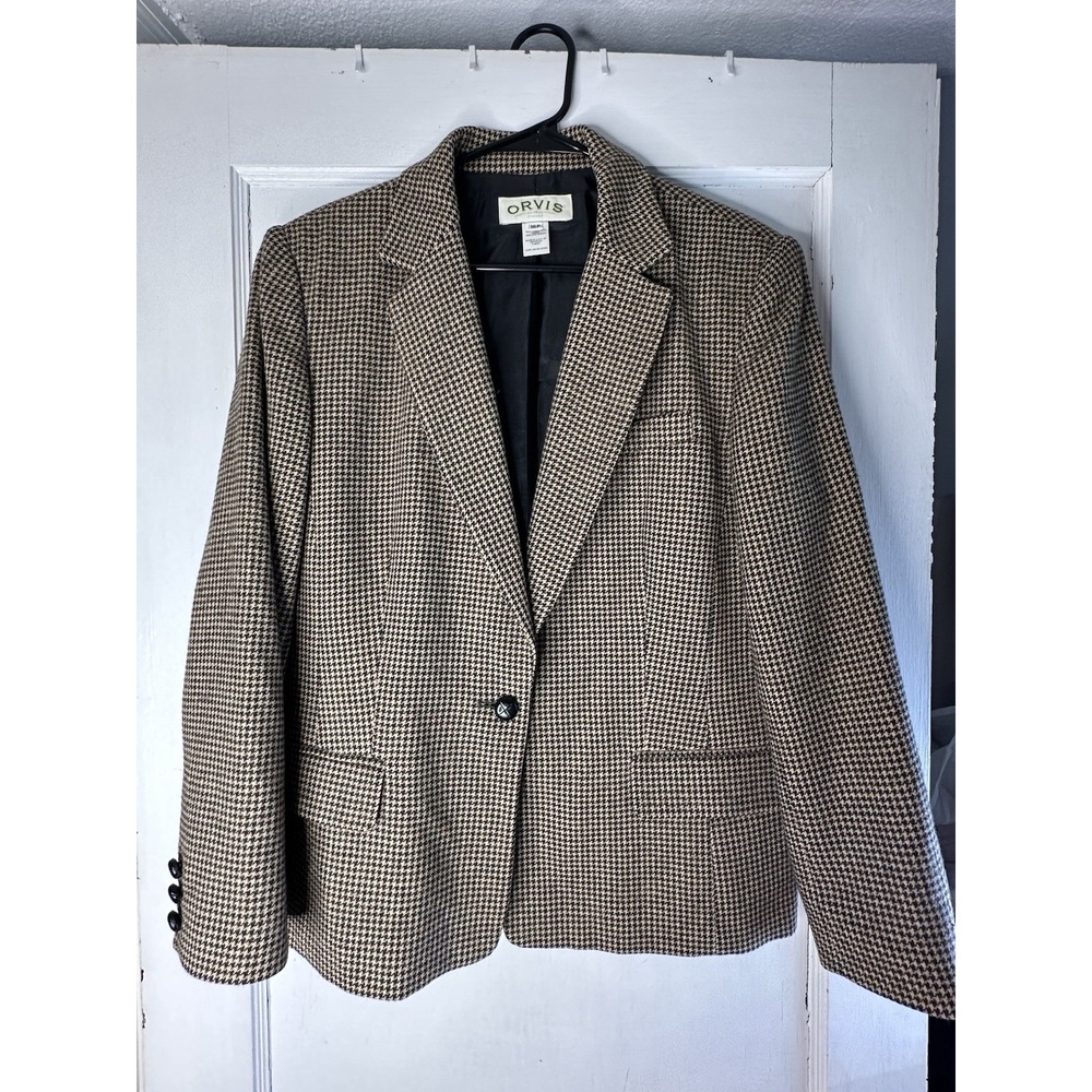 Orvis Womens Camel Hair Blazer Houndstooth Beige Brown Jacket Size 16P Petite